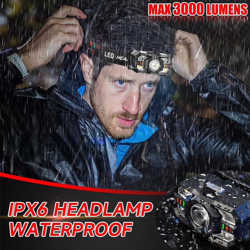 Northlet Headlamp Rechargeable 2Pack, 3000 Lumen Ultra-Light Bright Headlamp Flashlight with White Red Light, LED Headlight Motion Sensor, 5+5 Mode for Outdoor Camping Fishing Running Hiking - Image 5